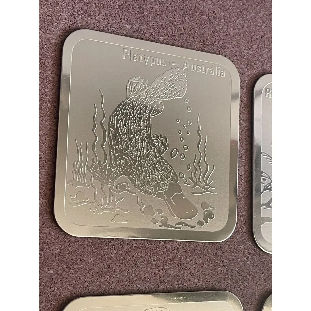 Vintage Australian Riga Gold Etched Coasters Animal Drinking Paul Stephan-Daly